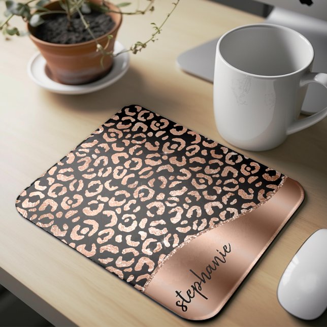 Glam Faux Foil Leopard Spots Rose Gold Black Name Mouse Pad (Creator Uploaded)