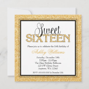 Glam Faux Glitter Gold Black Sweet 16 Invitation