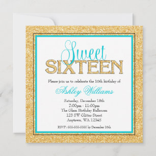 Glam Faux Glitter Gold Teal Sweet 16 Invitation
