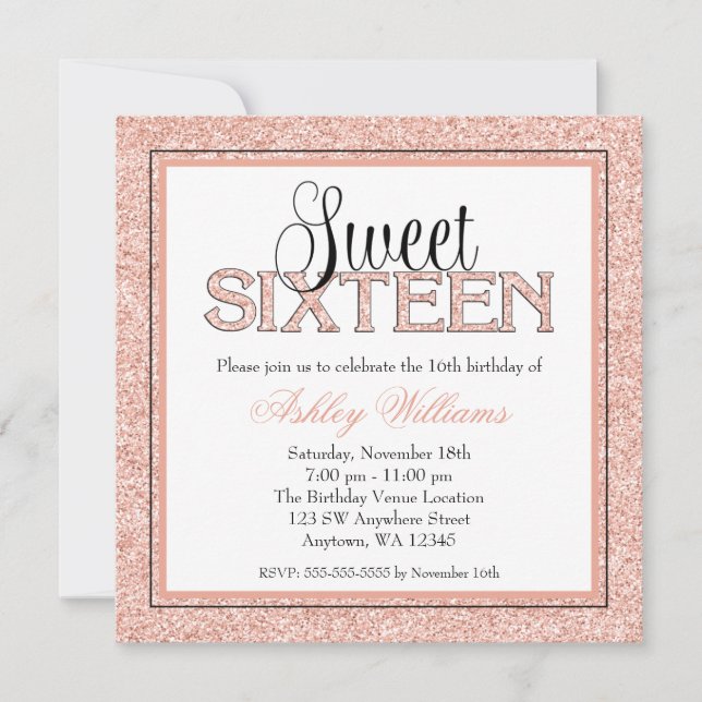 Glam Faux Glitter Rose Gold Sweet 16 Invitations (Front)