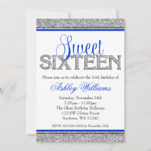 Glam Faux Glitter Silver Blue Sweet 16 Invitation