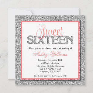 Glam Faux Glitter Silver Coral Sweet 16 Invitation