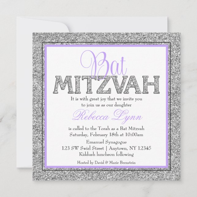 Glam Faux Glitter Silver Lavender Bat Mitzvah Invitation (Front)