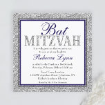 Glam Faux Glitter Silver Navy Blue Bat Mitzvah Invitation<br><div class="desc">A modern navy blue and silver Bat Mitzvah invitation. Design features a faux silver glitter design with accents of navy blue and black. Designs are flat printed graphics - NOT ACTUAL GLITTER.</div>