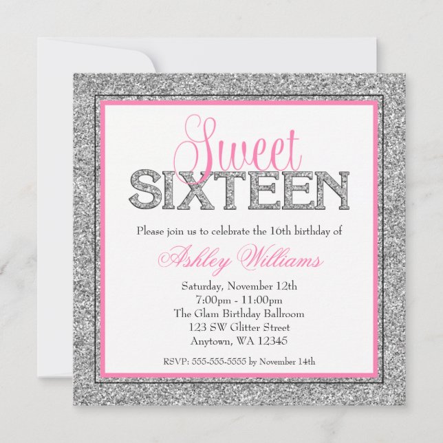 Glam Faux Glitter Silver Pink Sweet 16 Invitation (Front)