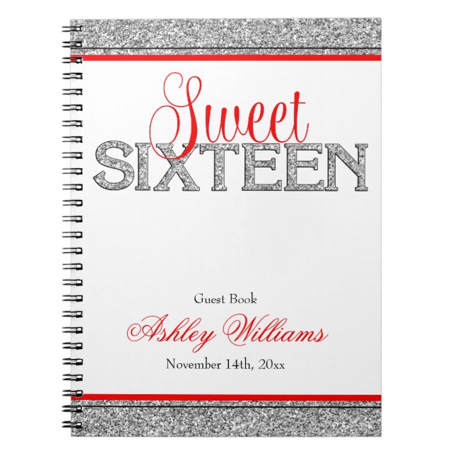 Glam Faux Glitter Silver Red Sweet 16 Guest Book (Front)