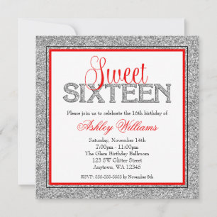 Glam Faux Glitter Silver Red Sweet 16 Invitation