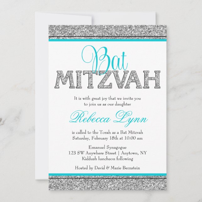 Glam Faux Glitter Silver Teal Blue Bat Mitzvah Invitation (Front)