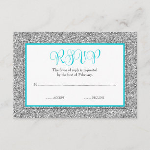 Glam Faux Glitter Silver Teal Blue RSVP Card