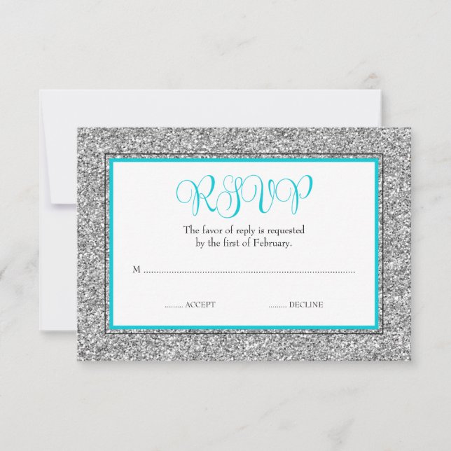 Glam Faux Glitter Silver Teal Blue RSVP Card (Front)