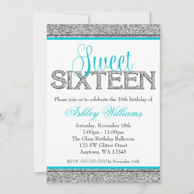 Glam Faux Glitter Silver Teal Blue Sweet 16 Invitation (Front)