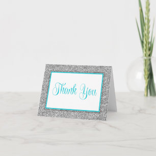 Glam Faux Glitter Silver Teal Blue Thank You Card