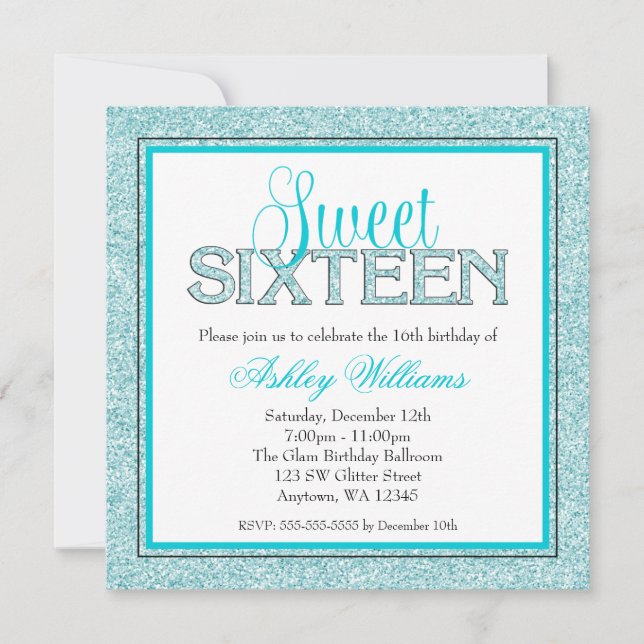 Glam Faux Glitter Teal Blue Sweet 16 Invitation (Front)