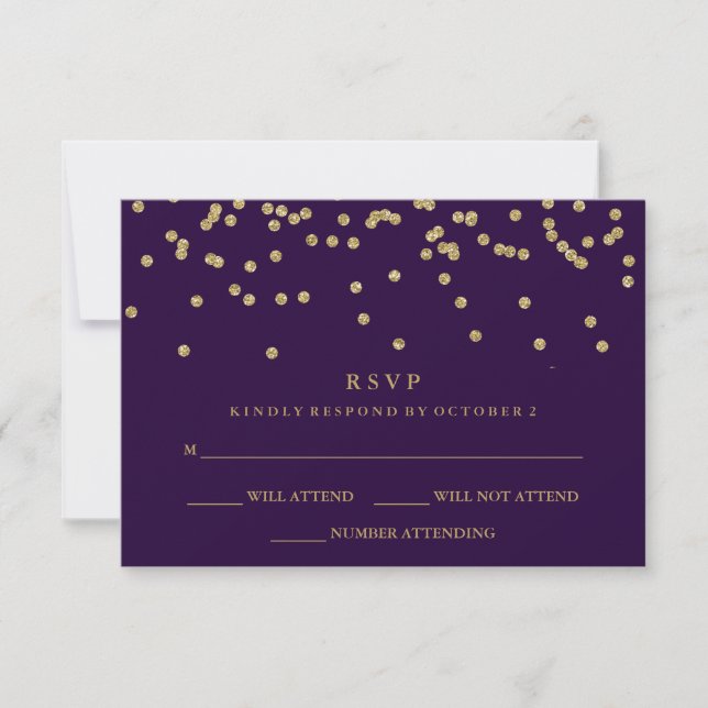 Glam Faux Gold Confetti and Deep Purple RSVP Card (Front)