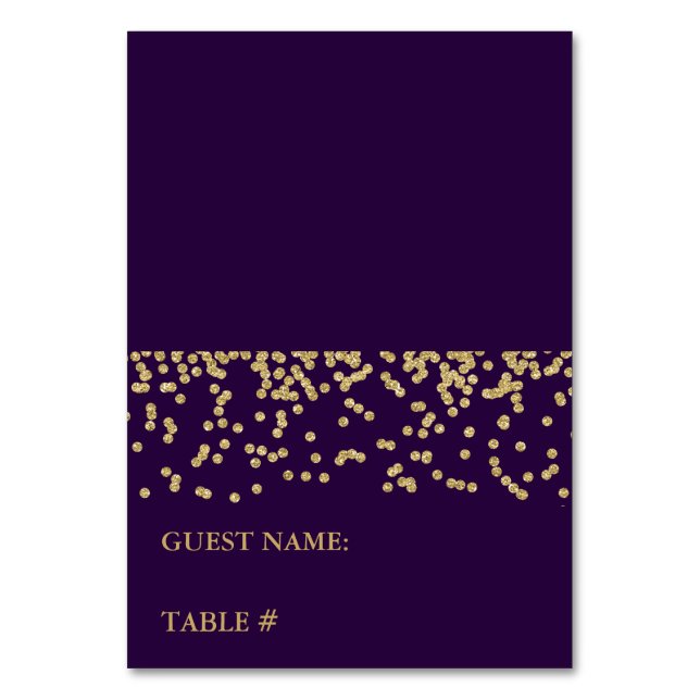 Glam Faux Gold Confetti on Deep Purple Escort Card (Front)