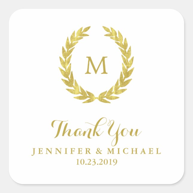 Glam Faux Gold Foil Laurel Wreath Monogram Wedding Square Sticker (Front)