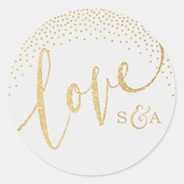 Glam faux gold glitter calligraphy love monogram classic round sticker (Front)