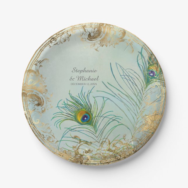 Glam Faux Gold Leaf Peacock on Tree Branch Elegant Paper Plate (Front)