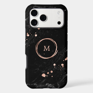 Glam Faux Gold Look on Black Marble Monogram