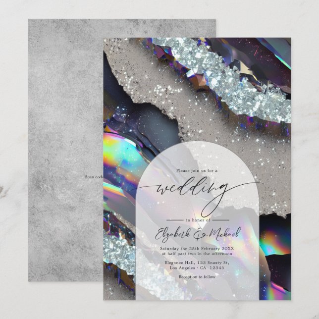 Glam Faux Holographic Agate Geode Wedding QR Code Invitation (Front/Back)