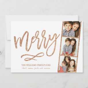 Glam Faux Rose Gold Glitter 3-Photo Booth Holiday Card