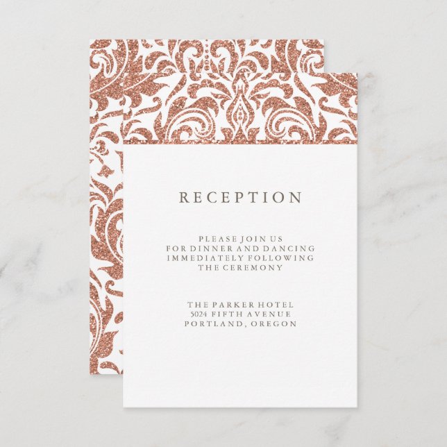Glam Faux Rose Gold Glitter Damask Reception Invitation (Front/Back)
