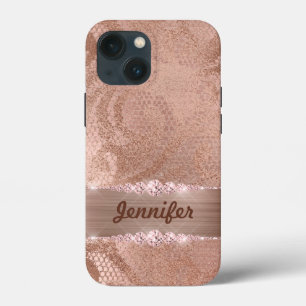 Glam Faux Rose Gold Lace on Monogram Brushed Metal iPhone 13 Mini Case