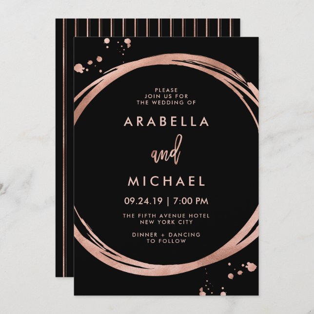 Glam Faux Rose Gold Look on Black | Wedding Invitation (Front/Back)