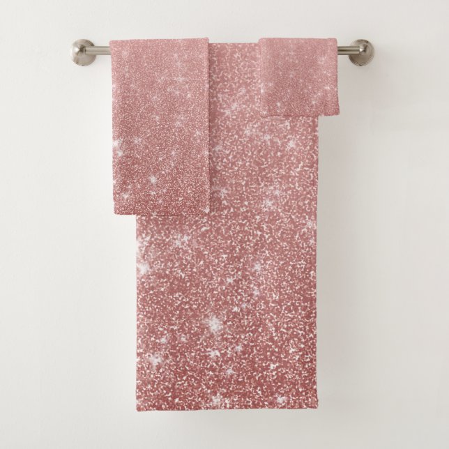 Glam Faux Rose Gold Pink Glitter Ombre Bath Towel Set (Insitu)