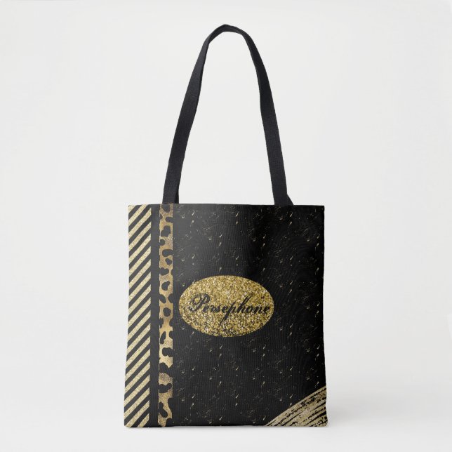 Glam faux sparkle with black and gold tote bag (Front)