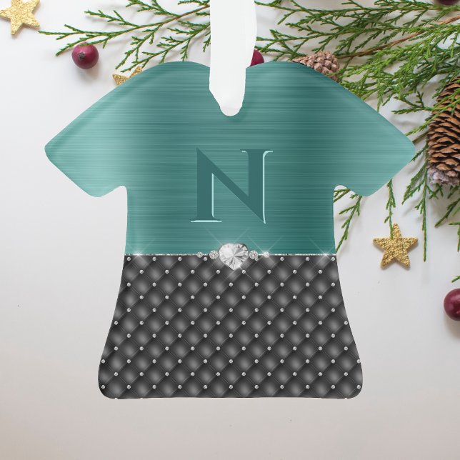 Glam Faux Teal Metal Upholstery and Monogram Ornament (Creator Uploaded)