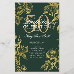 Glam Floral 50th Birthday Program Gold Green Menu