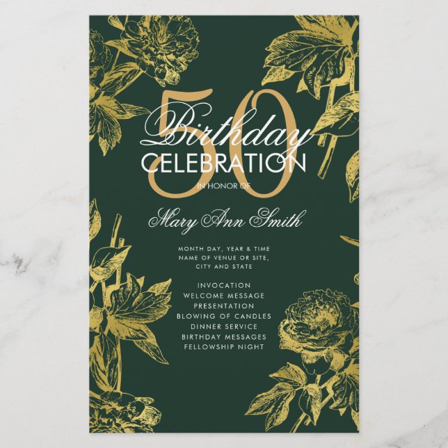 Glam Floral 50th Birthday Program Gold Green Menu (Front)