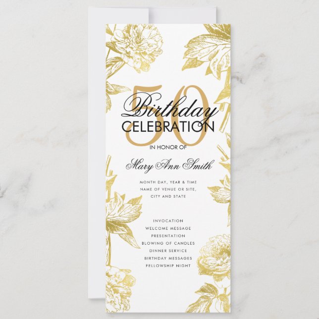 Glam Floral 50th Birthday Program Gold Menu Invitation (Front)