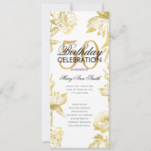 Glam Floral 50th Birthday Program Gold Menu Invitation