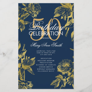 Glam Floral 50th Birthday Program Gold Navy Menu