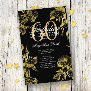 Glam Floral 60th Birthday Program Gold Black Menu