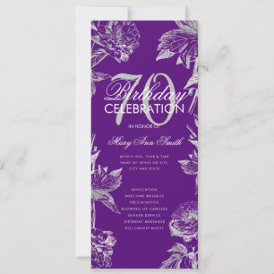 Glam Floral 70 Birthday Program Silver Purple Menu Invitation