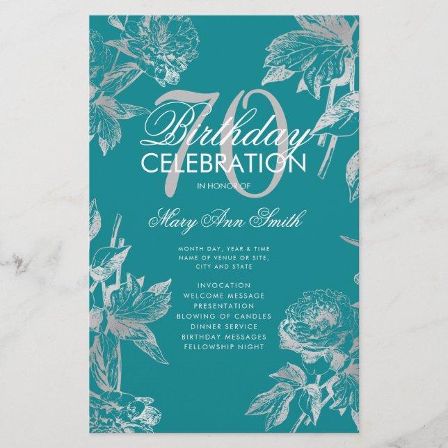 Glam Floral 70 Birthday Program Silver Teal Menu (Front)
