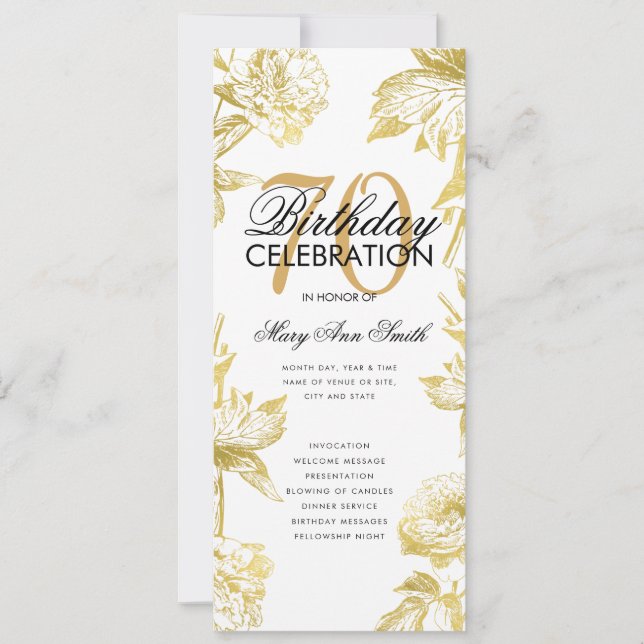 Glam Floral 70th Birthday Program Gold Menu Invitation (Front)