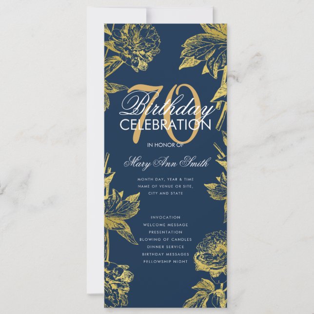 Glam Floral 70th Birthday Program Gold Navy Menu Invitation (Front)