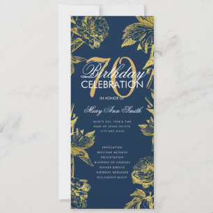 Glam Floral 70th Birthday Program Gold Navy Menu Invitation