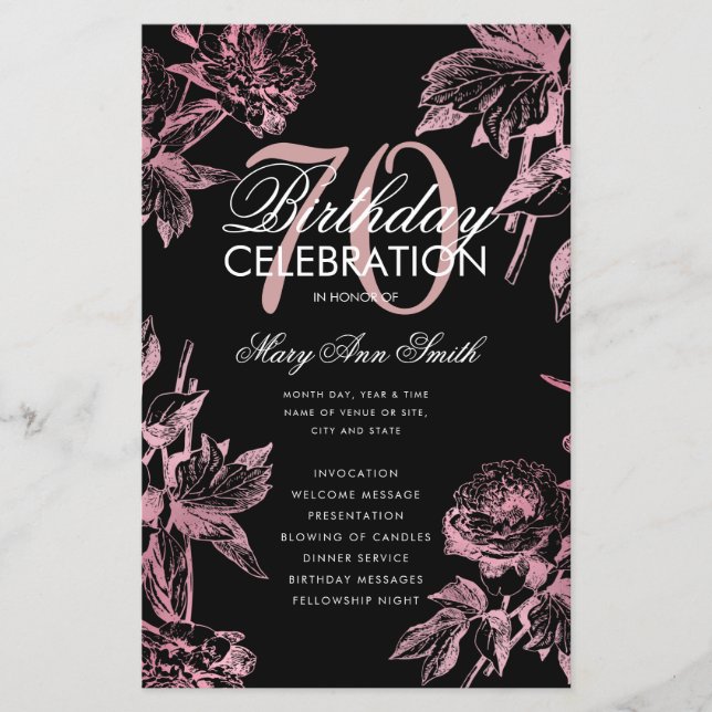 Glam Floral 70th Birthday Program Rose Gold Black  (Front)