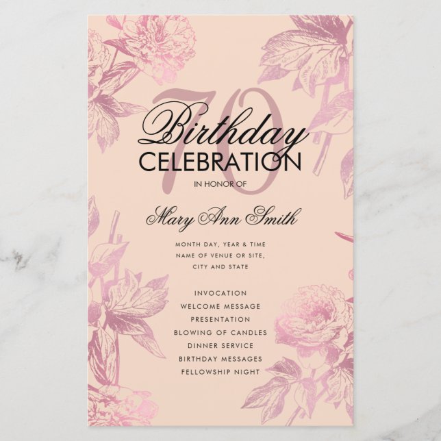 Glam Floral 70th Birthday Program Rose Gold Blush (Front)