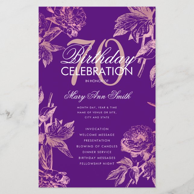Glam Floral 70th Birthday Program Rose Gold Purple (Front)
