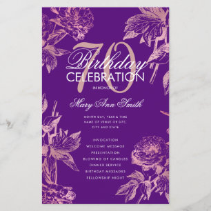 Glam Floral 70th Birthday Program Rose Gold Purple