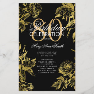 Glam Floral 80th Birthday Program Gold Black Menu