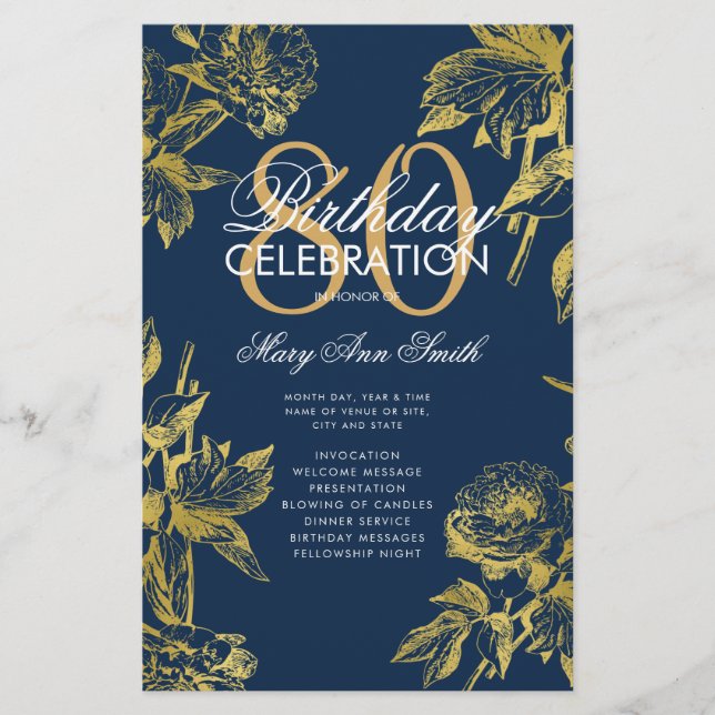 Glam Floral 80th Birthday Program Gold Navy Menu (Front)