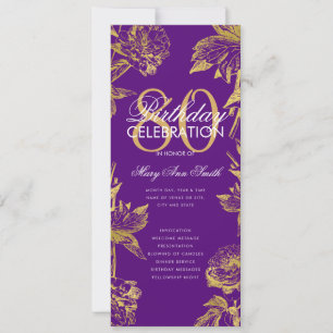 Glam Floral 80th Birthday Program Gold Purple Menu Invitation