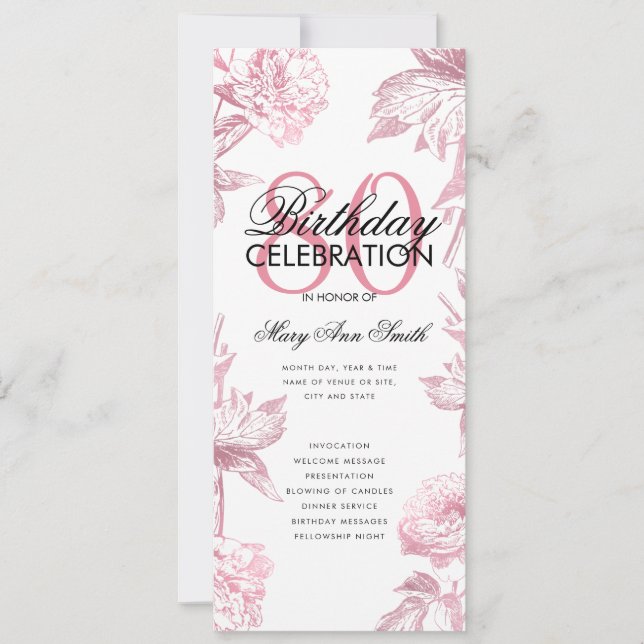 Glam Floral 80th Birthday Program Rose Gold Menu Invitation (Front)